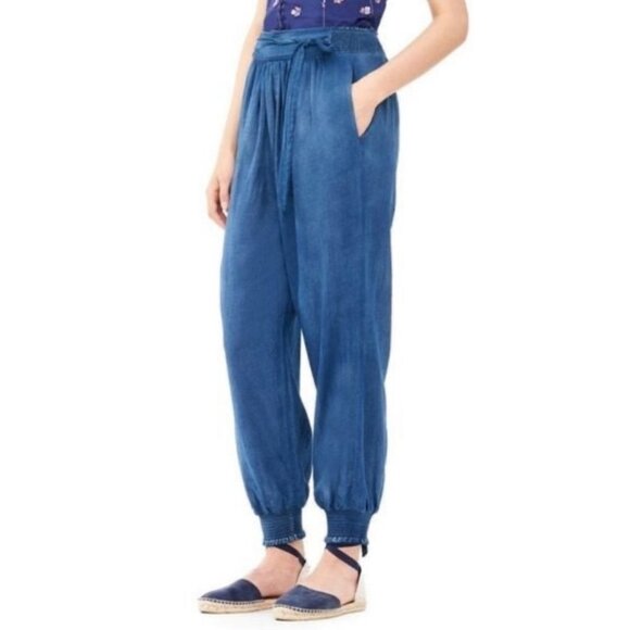 La Vie Rebecca Taylor Tissue Denim Chambray High Rise Tapered Smocked Hem Pant L - Picture 2 of 13